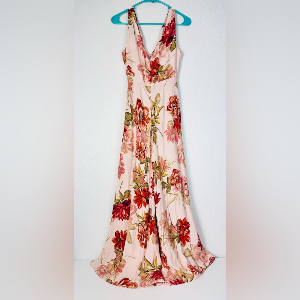 Paper Heart Linen Dress XS Floral Midi Tank Sleeveless Wedding Pink Red - Picture 2 of 9
